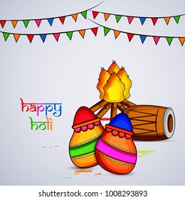 Illustration of earthern pot, bonfire and drum for the indian festival holi