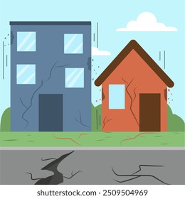 Illustration of earthquake with infrastructure damage, earthquake cartoon,  house in crack damaged by earthquake, building broken damaged by earthquake 