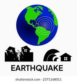 Ilustración de las olas sísmicas en el mundo y los efectos de un terremoto en forma de casas y tierras destruidas y un tsunami