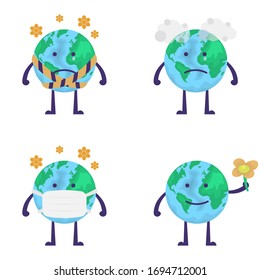 illustration of earth's character collection. earth holding flowers, wearing masks, sad because of pollution, lockdown or isolation, exposed to viruses. happy earth day .flat design.