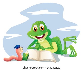 Ilustración de una lombriz de tierra y una lectura de rana sobre un fondo blanco