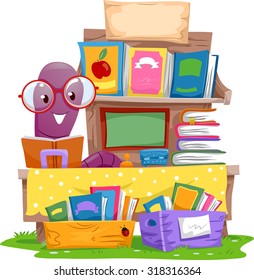 Illustration of an Earthworm Selling Books at a Yard Sale