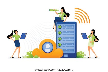 illustration of ease of communicating with a smartphone with mobile cloud technology connected to an internet network connection. design can be used for landing page, startup apps, web page, ads