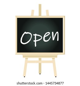 Illustration of an easel decorated with a blackboard written with open, sales promotion, banner