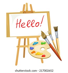 illustration with easel, palette of paints and brushes. vector illustration