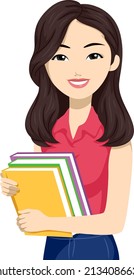 Illustration of East Asian Teen Girl Student Holding Books