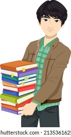 Illustration of East Asian Teen Guy Student Carrying Stacks of Books