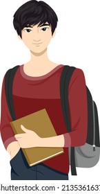 Illustration of East Asian Teen Guy Student with School Bag Carrying a Book