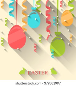 Illustration Easter Background with Colorful Eggs and Serpentine, Trendy Flat Style with Long Shadows - Vector