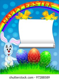 illustration easter background with egg and amusing rabbit and rainbow