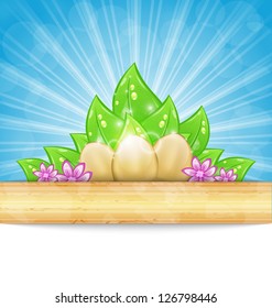 Illustration Easter background with eggs, leaves, flowers - vector