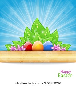 Illustration Easter Background with Eggs, Leaves, Flowers - Vector