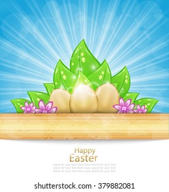 Illustration Easter Background with Eggs, Leaves, Flowers - Vector