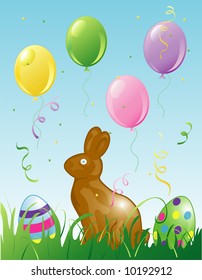 Illustration of easter balloons, confetti and a chocolate bunny in the grass.