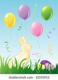 Illustration of easter balloons, confetti and a white chocolate bunny in the grass.