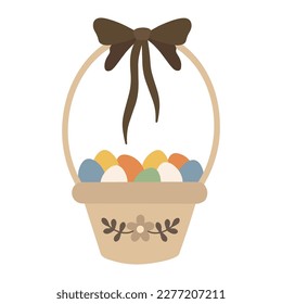Ilustración de una canasta de Pascua con huevos de colores. Cesta de Semana Santa con arco.