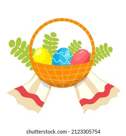 Illustration with Easter basket and colorful eggs on the background with towel, vector image, eps10