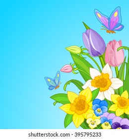 Illustration of Easter bouquet surrounded by butterflies