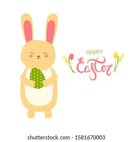 illustration of an easter brown bunny with a green egg in his hands on a white background. Happy Easter lettering. space for text. for design, cards, flyers.