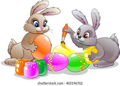 Illustration. Easter bunnies paint eggs
