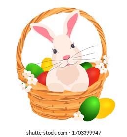 Illustration of an Easter Bunny in a basket with eggs. Vector graphics to design stickers in the Easter holidays.