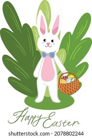 illustration of an Easter bunny with a basket of eggs. Vector illustration