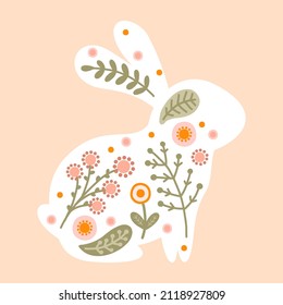 Ilustración de carácter conejito de Semana Santa en colores pastel cálidos para los niños. Conejo de primavera con flores y plantas para textiles, tela y papel pintado. Vector