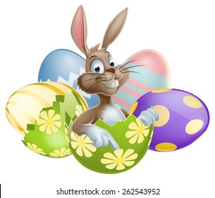 An illustration of the Easter bunny with colourful Easter eggs