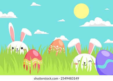 Ilustración del conejo de Pascua y los huevos de Pascua en un prado