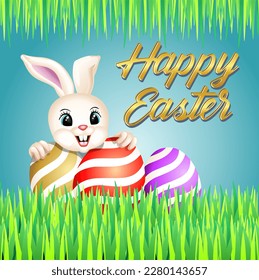Illustration with an easter bunny with painted easter eggs and green grass