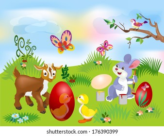 Illustration of an Easter Bunny painting an egg