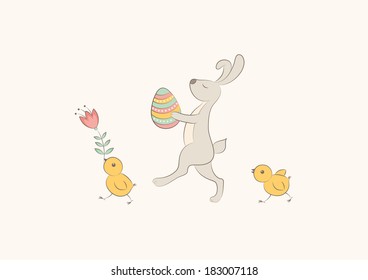 Illustration, Easter Bunny with patterned egg and two chickens. Vector background.