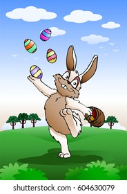 illustration of a easter bunny playing with egg on nature background