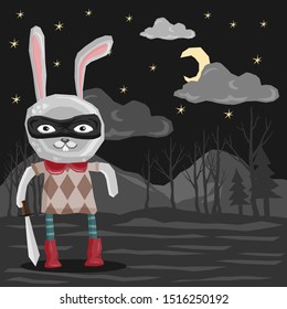 An illustration of an Easter bunny rabbit cartoon character, bringing a sword