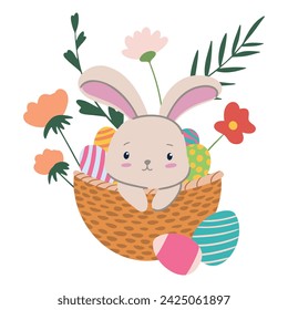 Illustration of an Easter Bunny Sitting in an Easter Basket