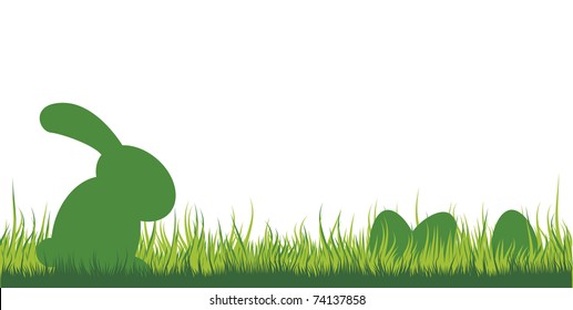 illustration of an easter bunny sitting in the grass watching the eggs