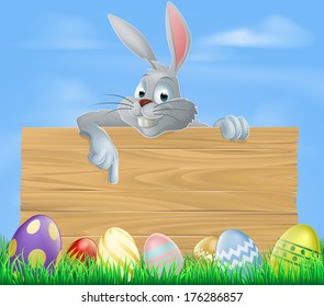 An illustration of the Easter bunny and wooden sign with Easter eggs