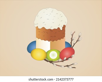 illustration of easter cake near painted chicken eggs and catkins isolated on beige