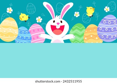 Illustration of easter characters, cute white bunny with cute small chicks and beautiful easter eggs on top of blank space.