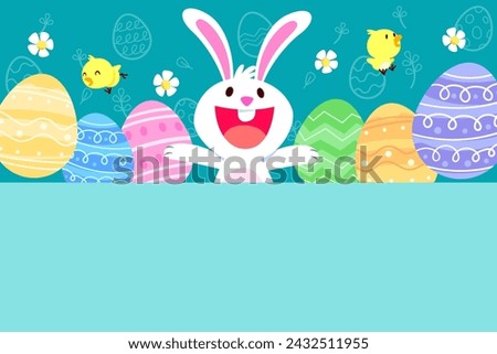 Illustration of easter characters, cute white bunny with cute small chicks and beautiful easter eggs on top of blank space.