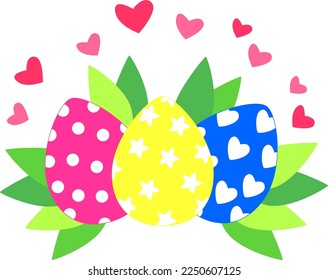 Illustration of easter colored cute eggs with leaves and hearts for postcards