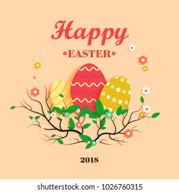 Illustration for Easter with colored eggs, tree branches and flowers.