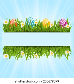 Illustration Easter colorful eggs and camomiles in green grass with space for your text - vector