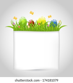 Illustration Easter colorful eggs in green grass with empty paper for your text - vector