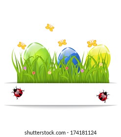 Illustration Easter colorful eggs in green grass with space for your text - vector