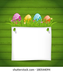 Illustration Easter colorful eggs in green grass with empty paper card for your text - vector