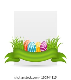 Illustration Easter colorful eggs in green grass with empty paper card for your text - vector