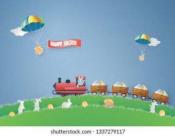 Illustration of Easter day card design template Rabbit driving train and drag the egg basket on the park in spring season,