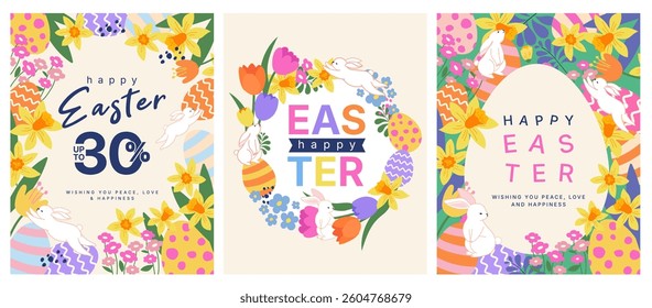 illustration of easter day concept,  card and background, cartoon and character, bunny or rabbit with flowers and egg, seasonal theme