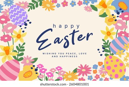 illustration of easter day concept,  card and background, cartoon and character, bunny or rabbit with flowers and egg, seasonal theme